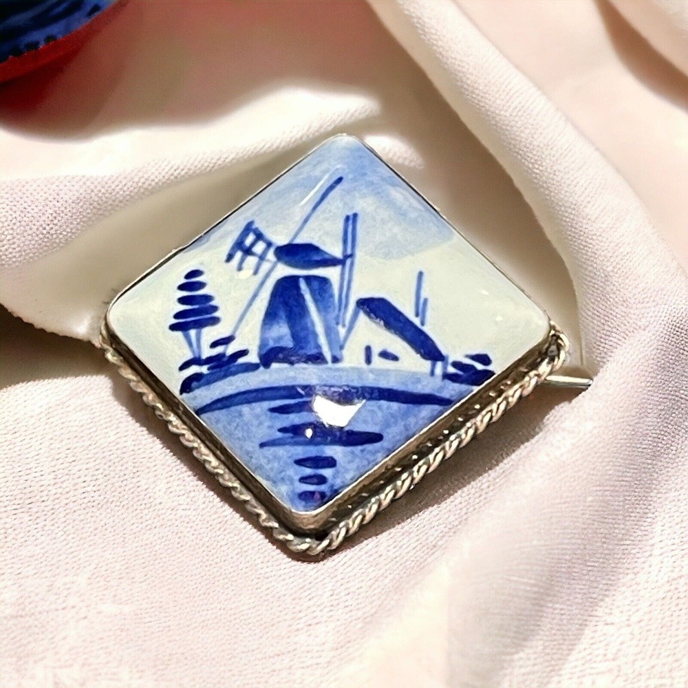 Sterling Delft Holland Windmill Porcelain Lapel Pin Brooch Vintage Signed